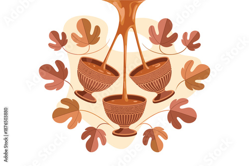 A vector graphic illustration of caramel pouring into three bowls surrounded by autumn leaves