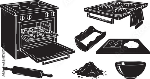 Baking illustration with kitchen tools and oven on white