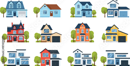 house, home, building, architecture, property, realestate, residential, suburb, neighborhood, exterior, facade, modern, classic, cottage, villa, design, illustration, vector, colorful, collection