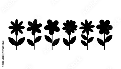 Silhouette Row of Six Distinct Flowers with Leaves in Minimalist Botanical Icon Style