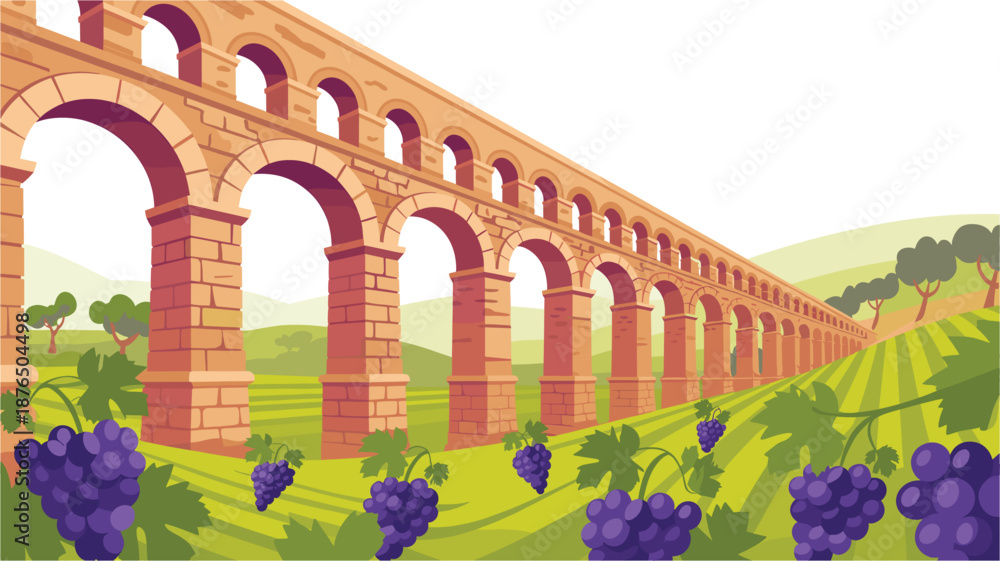 Fototapeta premium A vector illustration of an ancient Roman aqueduct surrounded by lush greenery and grapevines in a serene landscape