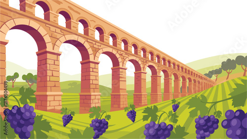 A vector illustration of an ancient Roman aqueduct surrounded by lush greenery and grapevines in a serene landscape