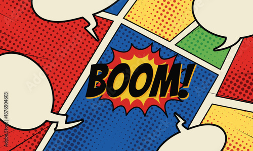 Retro comic book page template with colorful halftone panels, empty speech bubbles, and a central "BOOM!" sound effect burst.