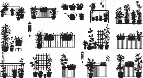 Various garden plants and fences in black silhouette style