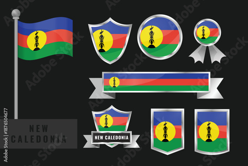 Vector set of New Caledonia flags and emblems. Includes waving flag, shields, badges, ribbons, banners with blue top/bottom, red middle, yellow disc with black Kanak flèche faîtière symbol of independ