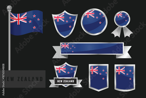 New Zealand flag set. Collection of New Zealand national emblems. Flat design of flags collection