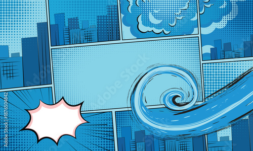 Blue comic book page template with city silhouettes, halftone panels, a large water splash or wave, and empty speech bubbles.