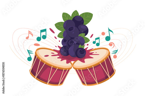A colorful vector illustration of a bunch of blueberries on top of two red drums with musical notes around them