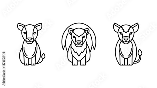Minimalist african wildlife icons: lion cub, honey badger, young lion