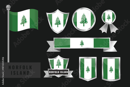 Vector collection of Norfolk Island flags and emblems. Waving flag, shields, badges, ribbons, banners with green-white-green vertical stripes and central green Norfolk pine tree on dark background.