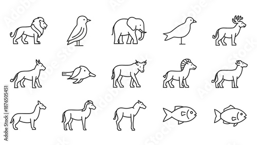 Minimalist Animal Icons Set: Lion, Elephant, Bird, Deer, Fish, Horse & More