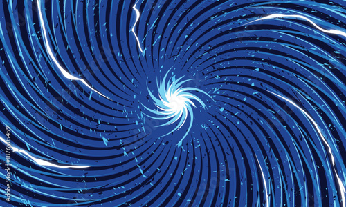 Abstract blue comic book swirl background with a central light portal, glowing lightning bolts, and textured spiral motion lines.
