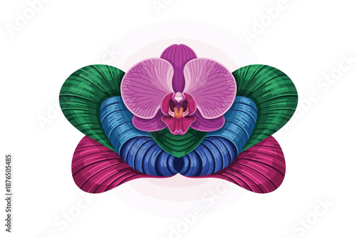 A colorful illustration of a pink orchid surrounded by vibrant, swirling petals in green, blue, and pink hues.