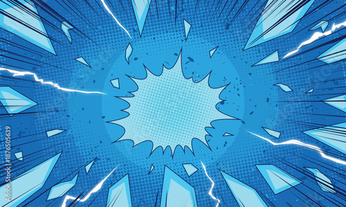 Explosive blue comic book background featuring shattered glass effects, radial speed lines, lightning bolts, and a central halftone burst.