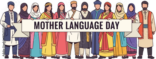 Diverse Group of People Holding Mother Language Day Banner in Various Attire