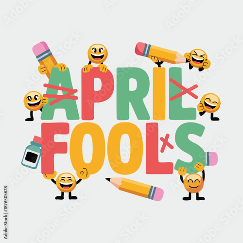 A colorful illustration celebrating April Fools' Day with vibrant text and party decorations