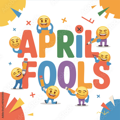A colorful illustration celebrating April Fools' Day with vibrant text and party decorations