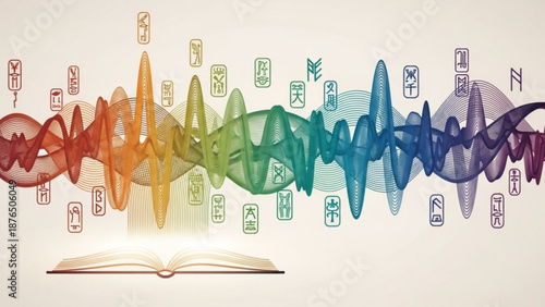 Vibrant sound wave graphic with rainbow colors emerging from an open book surrounded by floating symbols