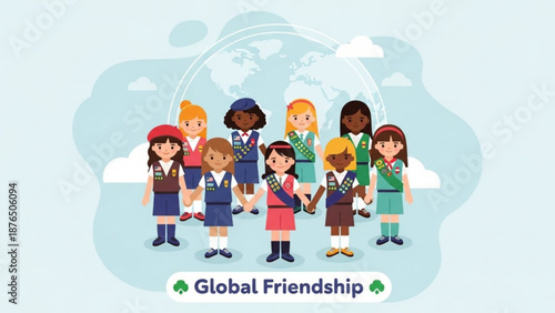 Diverse group of young girls in scout uniforms standing together in global friendship