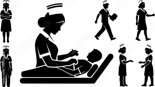Nurse and Patient silhouette, Nurse silhouettes set