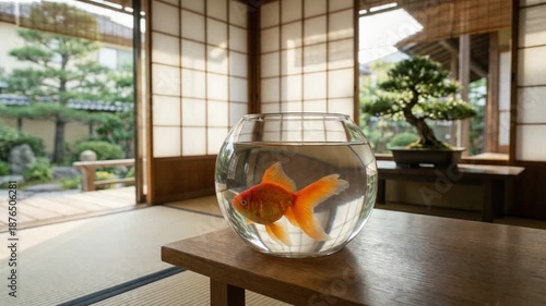 和風背景で泳ぐ金魚鉢の癒しループ動画
