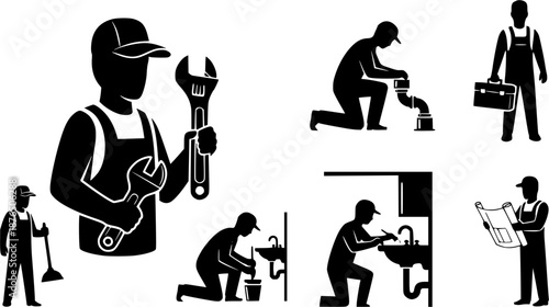 Plumber silhouettes, Plumber man silhouettes set