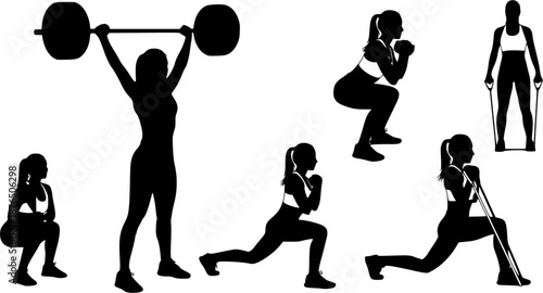 Woman weightlifting silhouettes, Woman fitness exercise silhouettes