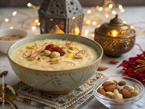 Festive Bowl of Indian Dessert with Dry Fruits and Lanterns in Warm Cultural Celebration Scene