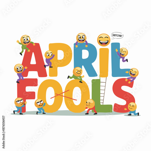 A colorful illustration celebrating April Fools' Day with vibrant text and party decorations