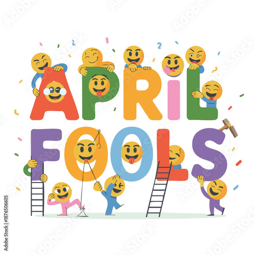 A colorful illustration celebrating April Fools' Day with vibrant text and party decorations