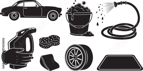 Car Wash and Cleaning Tools Vector Icons Set Illustration