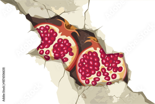 A vibrant vector illustration of pomegranates bursting through a cracked surface