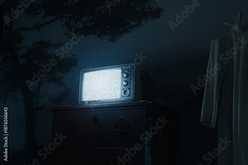 3d rendering of a dark living room with an old television illuminated by  bright static screen