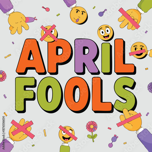 A colorful illustration celebrating April Fools' Day with vibrant text and party decorations