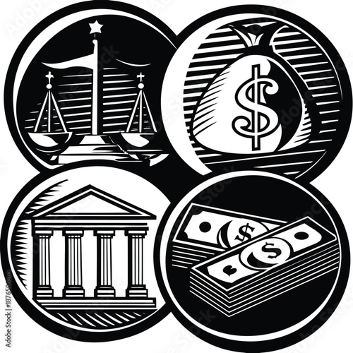 law and finance symbols including scales money and bank
