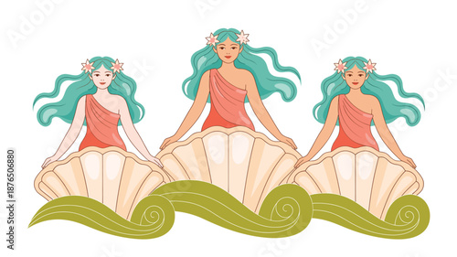 A vector graphic illustration of three mermaids sitting on seashells with green waves and flowers in their hair