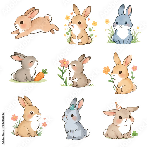 A cute and funny cartoon set of baby animals like a bunny, cat, dog, bear, and cow drawn as playful characters
