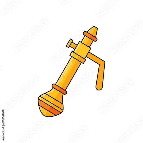 Golden traditional Hindu musical instrument, a shehnai, with decorative bands and a mouthpiece