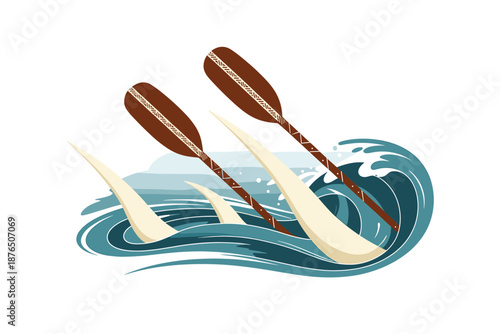 A vector graphic illustration of three oars paddling through choppy water