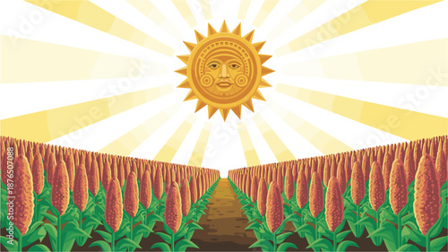 A vibrant vector illustration of a sun shining over a field of crops with a stylized face in the center of the sun