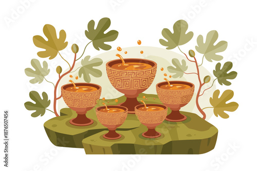 A vector graphic illustration of a decorative arrangement of ornate goblets on a tree stump with leaves