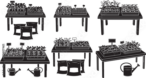 Gardening tools and furniture on tables illustration set
