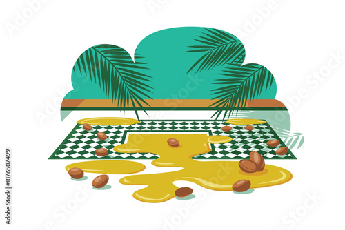 A vibrant illustration of a checkerboard with scattered pieces and spilled liquid on a tropical background