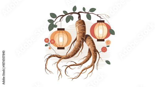 A vector graphic illustration of ginseng roots with lanterns and flowers on a white background