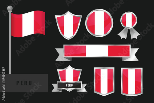 Vector set of Peru national flags and emblems. Waving flag, shields, badges, ribbons, banners featuring red-white-red vertical stripes, classic civil design on black background.