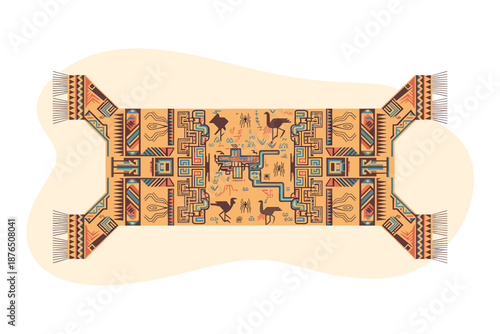 A vibrant and colorful vector graphic illustration of a traditional textile design with geometric patterns and animal motifs