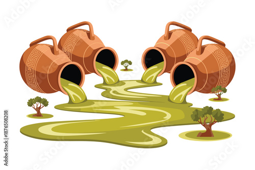 A vector graphic illustration of four clay pots pouring green liquid into a winding stream surrounded by small trees on a white background