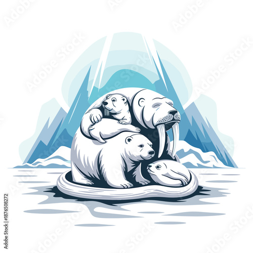 A vector illustration of a walrus and two polar bears huddled together on ice in front of an iceberg