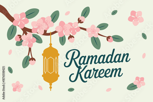 Elegant ramadan kareem greeting with a golden lantern and cherry blossoms on a soft cream background