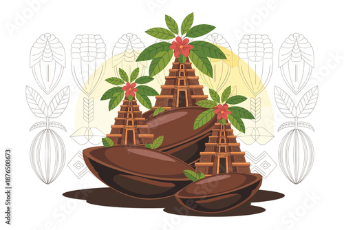 A colorful vector illustration of chocolate pyramids and cacao pods on a white background